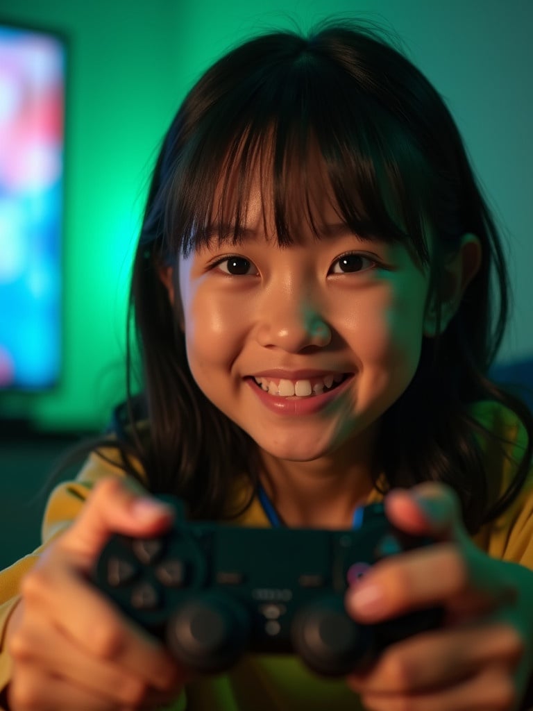 Asian girl playing video games. She is holding a PlayStation joystick. Excitement is visible in her posture. Ambient lighting around her is green and blue. Image is taken from a low angle using a wide fish eye lens.