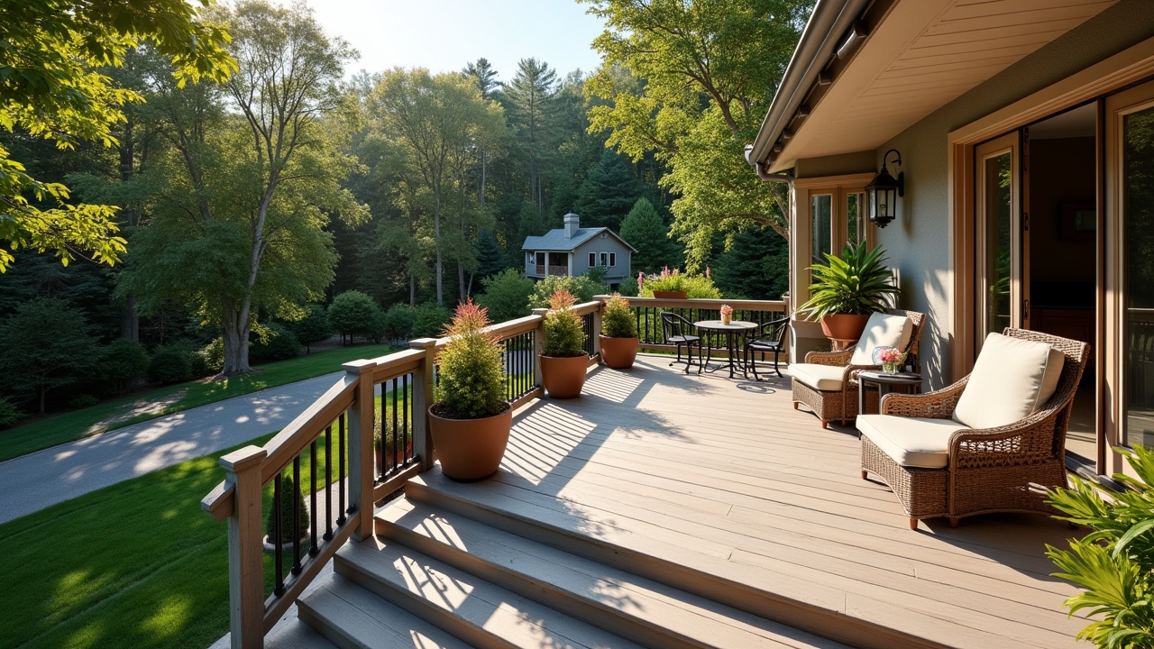 A serene outdoor deck area with comfortable seating overlooking a lush garden and a secondary house in the background, captured on a sunny day.