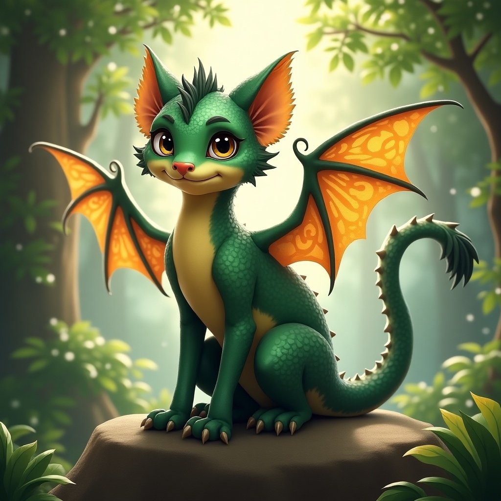 Illustration of a whimsical dragoncat in a vibrant forest setting. Character has green scales, orange patterned wings, and a friendly expression. Soft sunlight filters through the trees, creating a magical atmosphere.