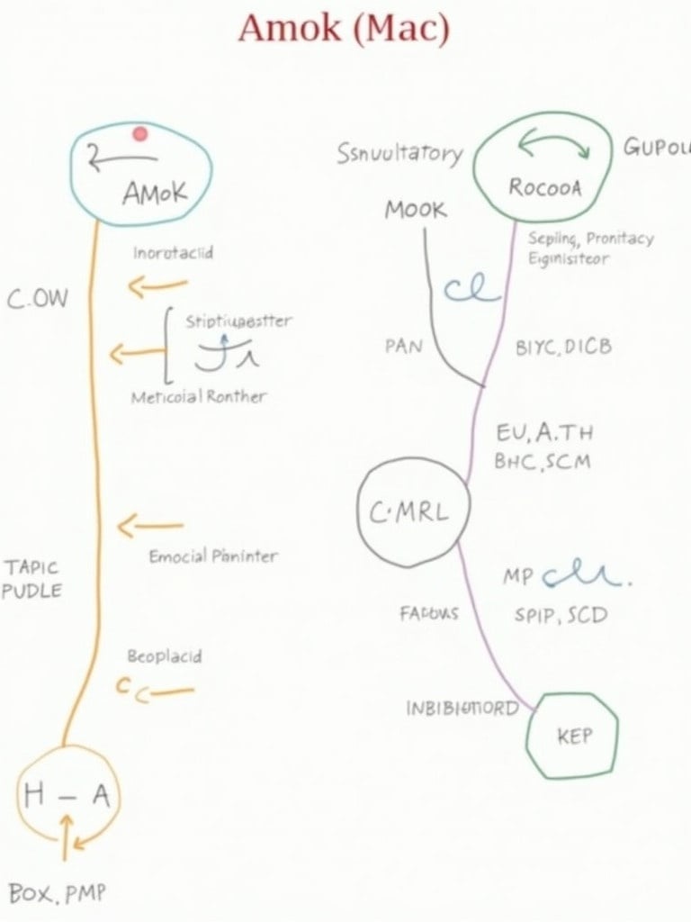 Diagram illustrates relationship between amok and motor pathways. Displays stimulators inhibitors cofactors. Highlights genetic variants and SNPs affecting pathways. Organized in a clear visual format.