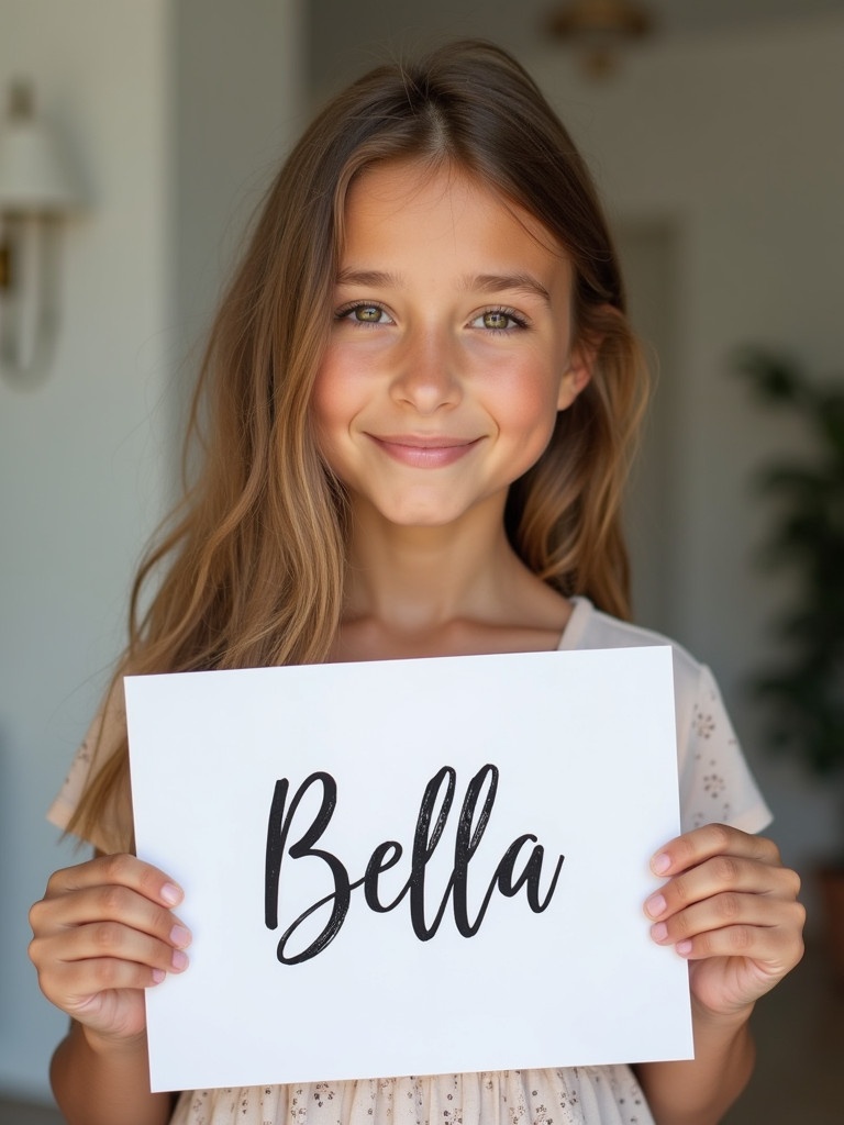 A beautiful girl is holding a white sign. The sign has the word 'Bella' written in a stylish font. The girl has long hair and is wearing a neutral-colored shirt. The background is softly blurred with natural home elements.