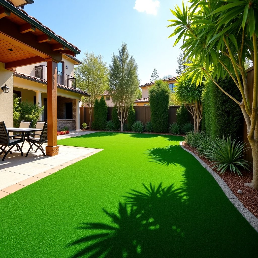 Backyard landscape showing artificial grass and furniture. Bright sunny day. Trees and bushes surround the space. Delightful outdoor ambiance with vibrant colors.