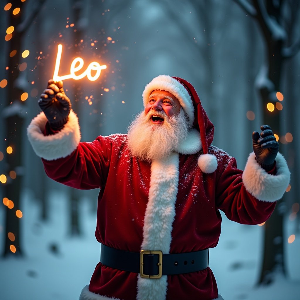 Santa Claus is in a snowy forest during Christmas. He is writing the name 'Leo' with a glow stick. Snowflakes are falling softly. Warm lights are on the nearby trees. The environment feels inviting and cheerful. Santa wears a bright red coat with white fur trim and a black belt. His joyful expression radiates holiday cheer.