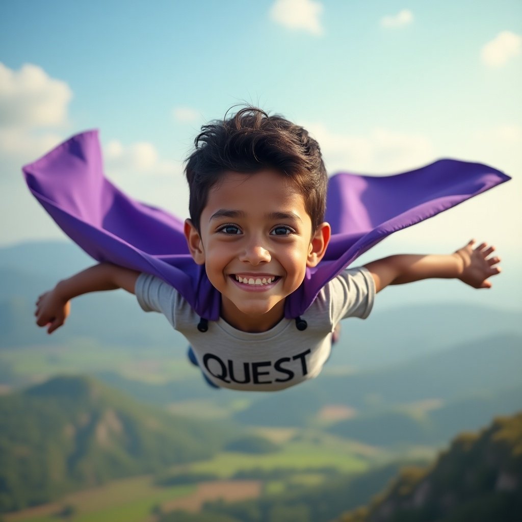 8 year old Latin boy flying at low altitude. Wearing a purple cape. Magical fields below. Looks happy and confident. Shirt says quest.