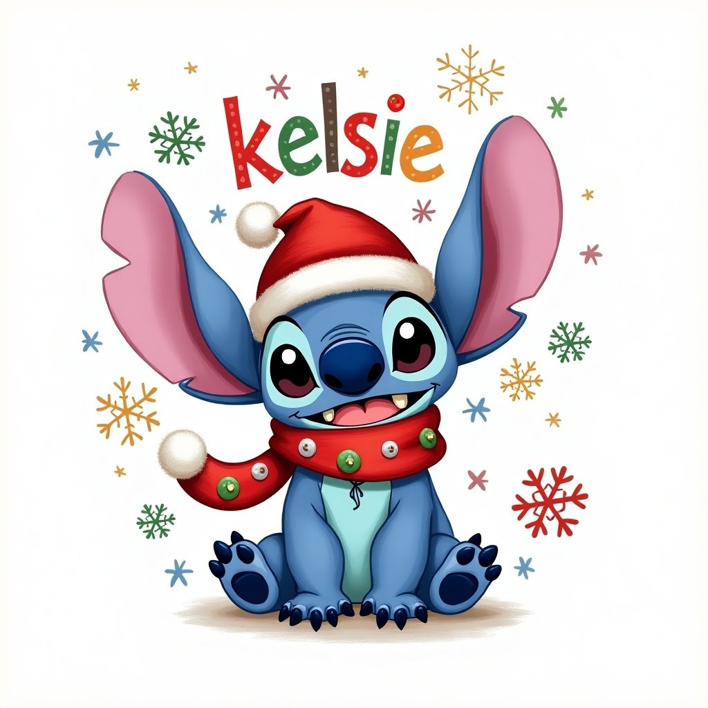 Drawing of Stitch character wearing a festive Christmas hat and scarf. The character is cheerful. The name 'kelsie' is displayed in colorful letters. Snowflakes are scattered around the character.