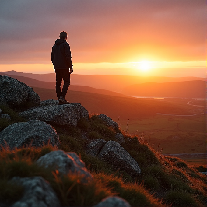 A person stands on rocky terrain, gazing at a vibrant sunset over rolling hills.