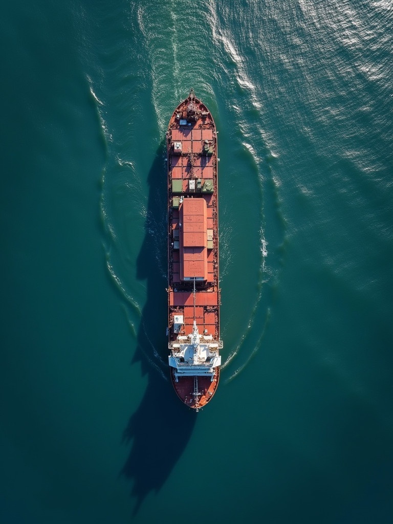 View from above a cargo ship in water. Ship has containers stacked on the deck. Water ripples around the ship. Scene is illuminated by daylight.