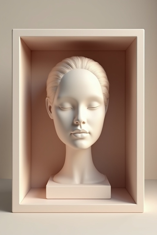 Realistic female head displayed in a soft neutral-toned box. Elegant modern design. Soft lighting enhances the features of the head and box.