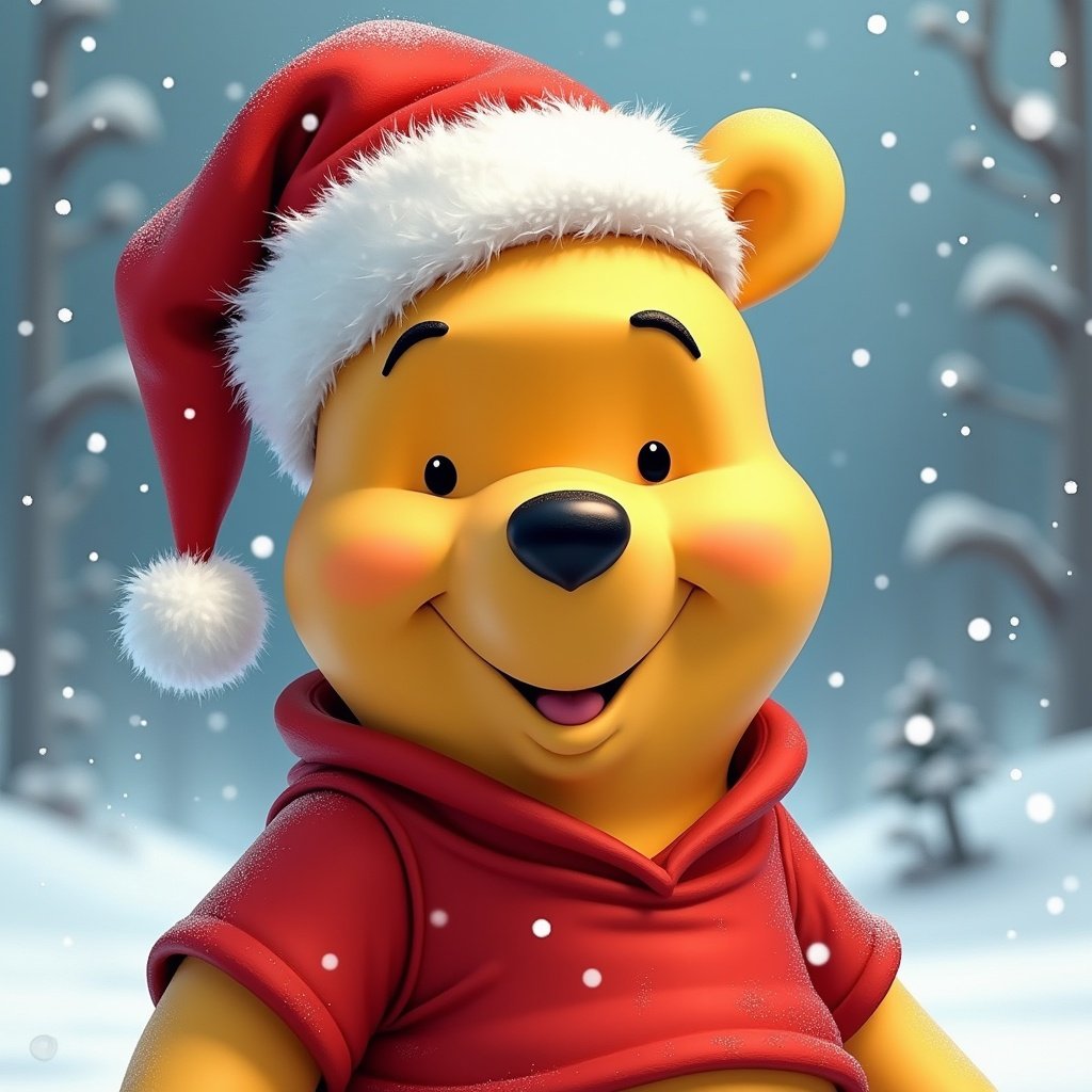 Winnie the Pooh character wearing a red shirt and a Santa hat. Background features snow and trees. Character has a happy expression. Text says Merry Christmas 2024.