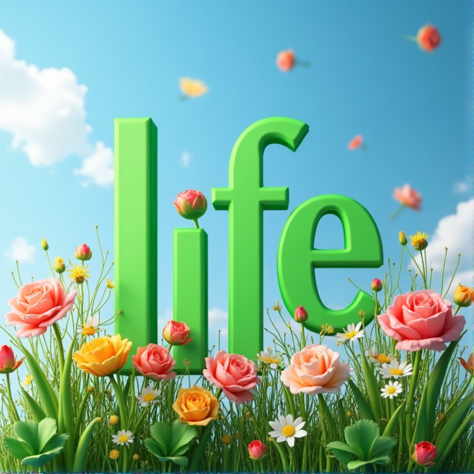 The word 'life' stands tall in vibrant green, surrounded by colorful roses and daisies under a bright blue sky with fluffy clouds.