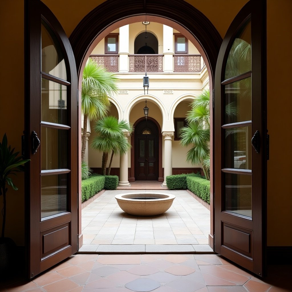 Elegant room with open doors leading to a courtyard. Tiled floors in the courtyard. Central bowl in the middle. Surrounded by arches and lush plants.