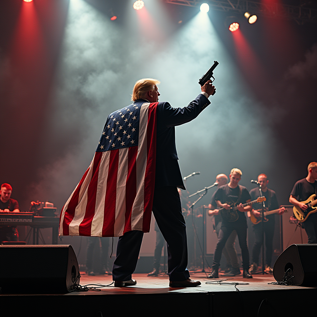 A person on stage with an American flag cape holds a toy gun aloft amidst dramatic lighting.