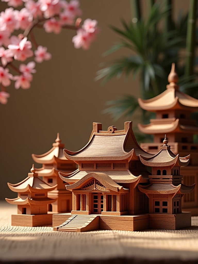 A hyper realistic scene featuring intricate tangram puzzles made from exotic wood. The scene evokes Asian culture with details on wooden structures resembling pagodas and cherry blossom accents.