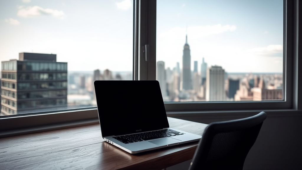 A laptop sits on a desk by a large window with a view of a city skyline.