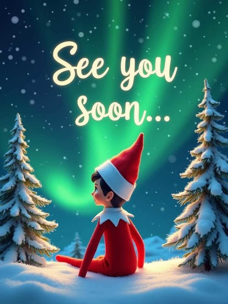 A whimsical scene shows an elf on the shelf in a snowy landscape. The elf wears a red and white outfit. The elf gazes up at vibrant northern lights in shades of green. The words 'See you soon...' are in a playful font. Snow-covered trees surround the elf, enhancing the winter atmosphere. The mood evokes magic and holiday anticipation.