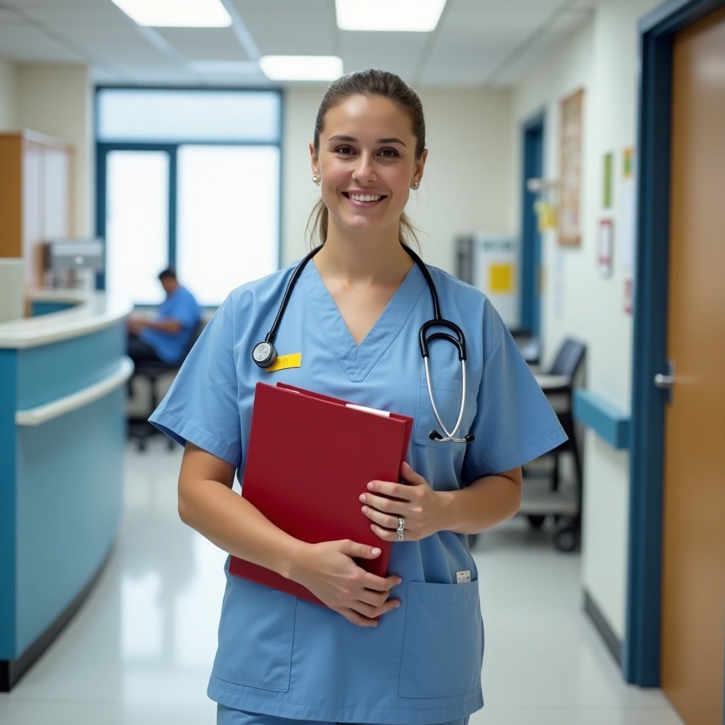 Healthcare professional in light blue scrubs holding a red folder. Yellow name tag visible. Hospital background with reception desk, medical equipment, and doorway. Smiling expression adds warmth to the scene.