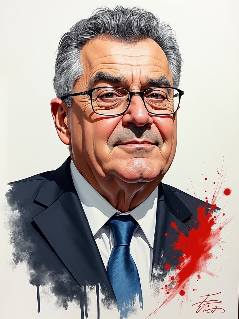 Drawing of Vojislav Seselj in a heroic pose. Suit and tie are depicted clearly. Red paint splatter adds intensity to the artwork. Signature is visible on the side.