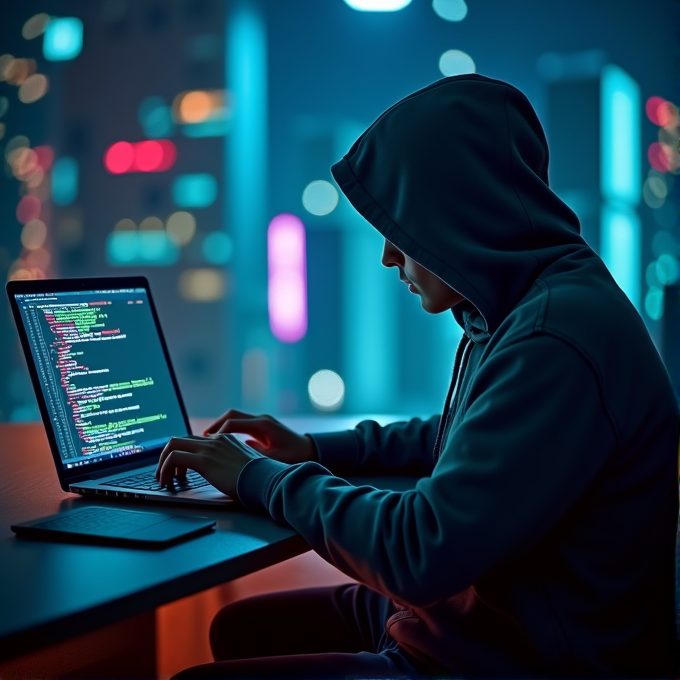 A person in a hooded sweatshirt types on a laptop in a dimly lit room with city lights in the background.