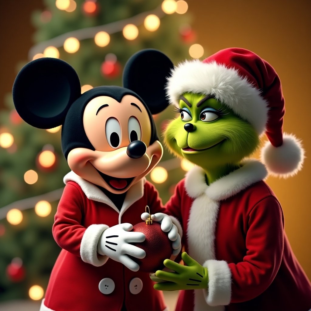 Mickey Mouse smiles holding a shiny red Christmas ornament. The Grinch wears a Santa outfit. In the background there's a beautifully decorated Christmas tree with colorful lights.