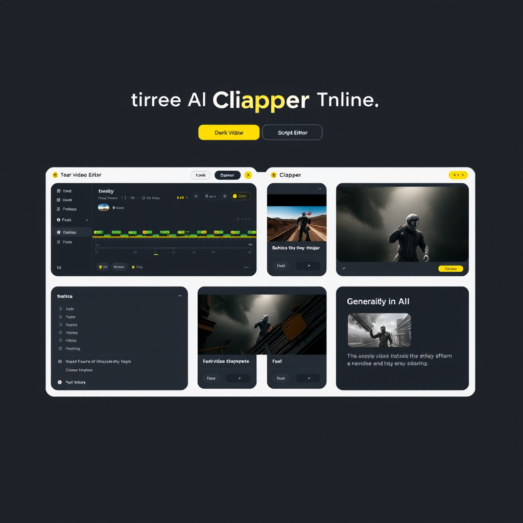 A sleek digital interface for an AI-powered video editing tool with options for script editing and dark mode, featuring video thumbnails and timeline controls.