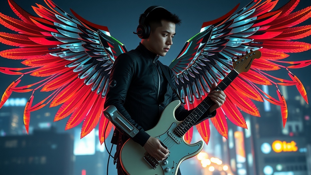 An enigmatic musician stands against a backdrop of a cityscape at night, holding an electric guitar. His futuristic outfit is complemented by a striking pair of vibrant red and metallic wings that appear both mechanical and feathered, evoking a sense of mysticism mixed with modern technology. The city lights in the background add a layer of depth and intrigue to the scene.