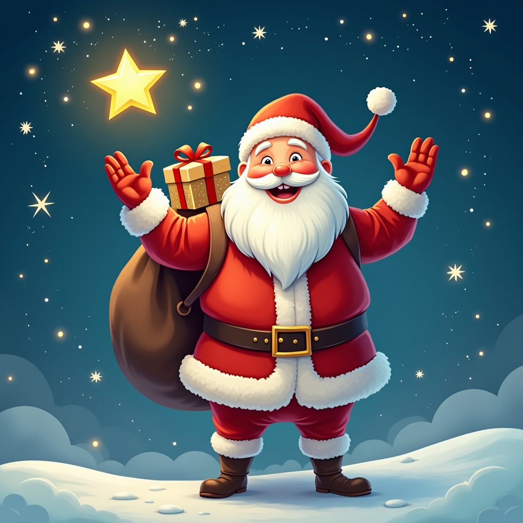 This image features a cheerful Santa Claus with a long white beard, wearing a traditional red suit with white trim. He is holding a sparkling star as if he is casting magic in the sky. Santa has a big smile and a bag of presents slung over his shoulder. The background is a beautiful night sky with twinkling stars and soft clouds. The ground is covered in a layer of snow. The atmosphere is joyful and festive, perfect for the holiday season.