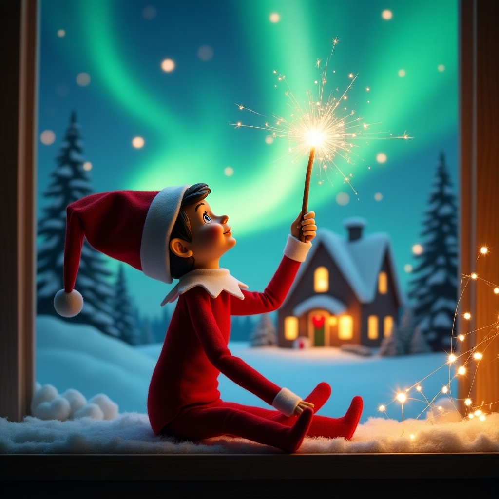 An elf on the shelf gazes skyward. It holds a glowing wand with sparkles. Background shows a Christmas scene with northern lights and a cozy house. Snow covers the ground. Elf embodies magic and wonder of Christmas.