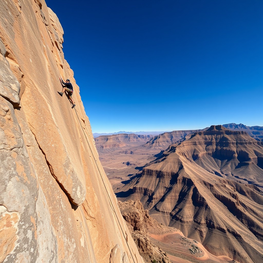 A rock climber scales a steep cliff against a backdrop of vast desert mountains.