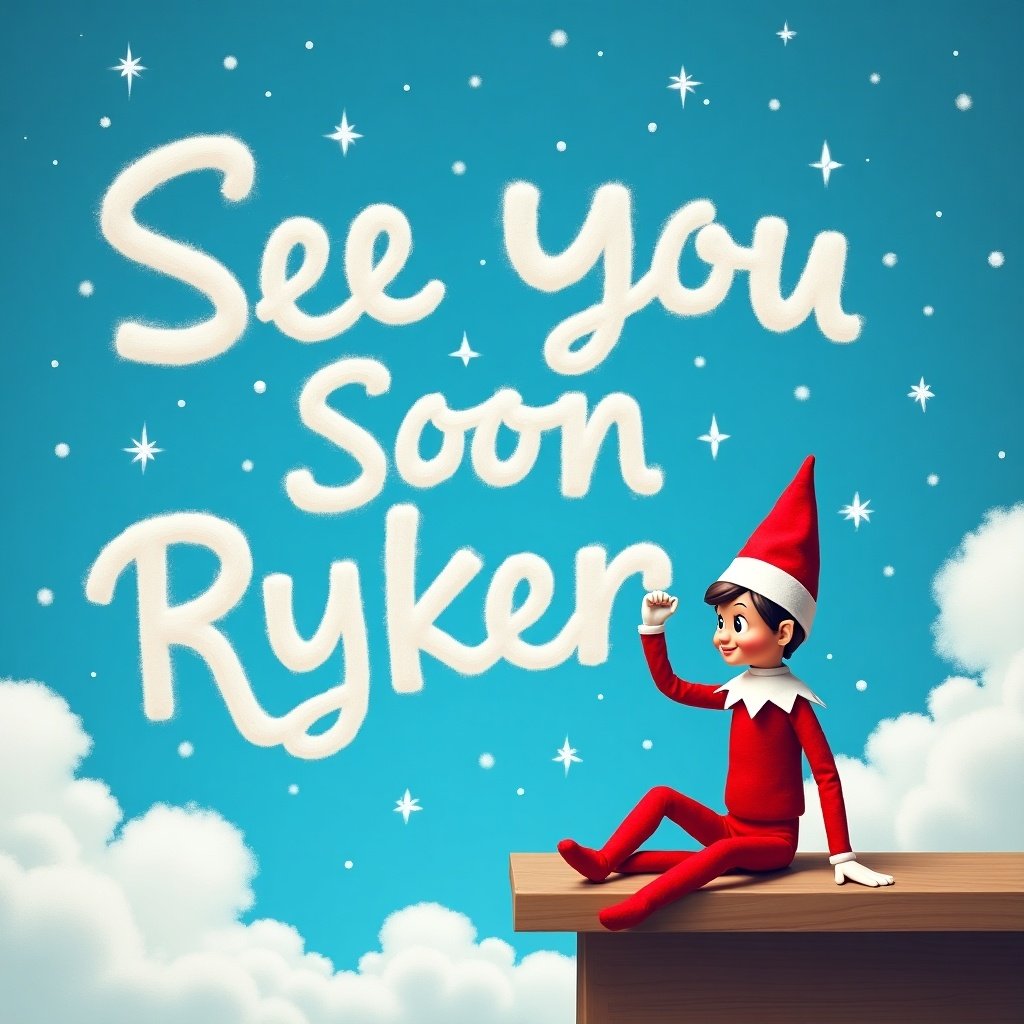 An elf on the shelf is joyfully waving and writing a message in a bright blue sky that reads, 'See You Soon Ryker'. The elf is dressed in a bright red outfit with a pointy hat and is sitting on a wooden ledge. Fluffy white clouds dot the background, enhancing the cheerful atmosphere. The scene is vibrant and invokes a sense of holiday magic and excitement. This image captures the essence of Christmas fun and the anticipation of the holiday season.