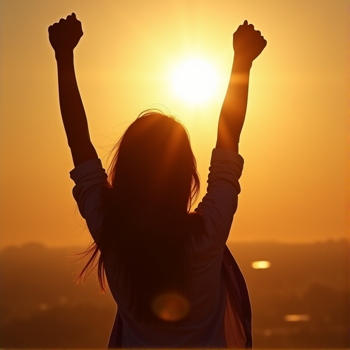 The silhouette of a person with raised arms is set against a vibrant sunset.