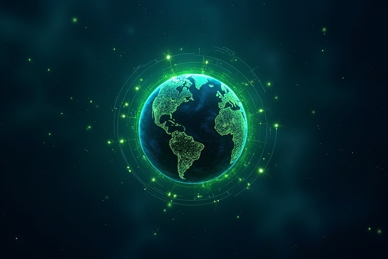 Globe appears on a dark blue starry background. The globe glows and has green connection lines around it. Particles surround the globe to signify growth. The artwork symbolizes decentralized solutions.