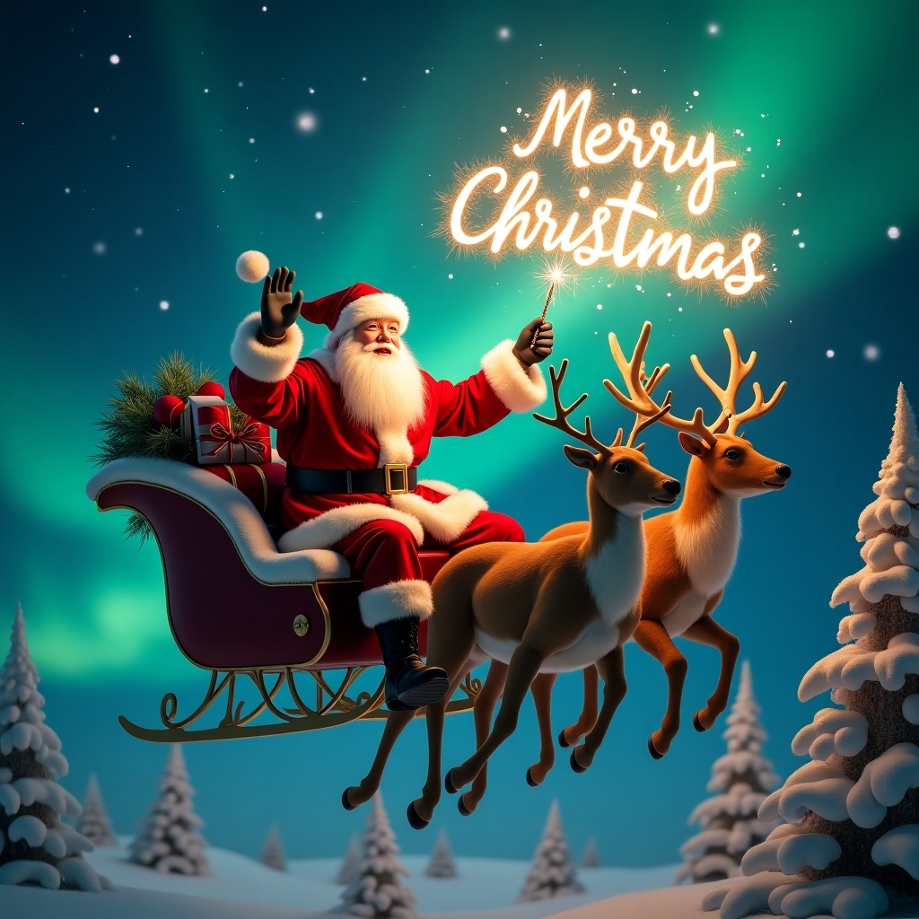 Enchanting Christmas scene. Human Santa Claus flying in sleigh with reindeer. Traditional red and white suit. Santa wields magic wand. Writing 'Merry Christmas' in firework script. Background vibrant northern lights. Scene embodies Christmas spirit with whimsy. Santa's action evokes wonder and excitement.