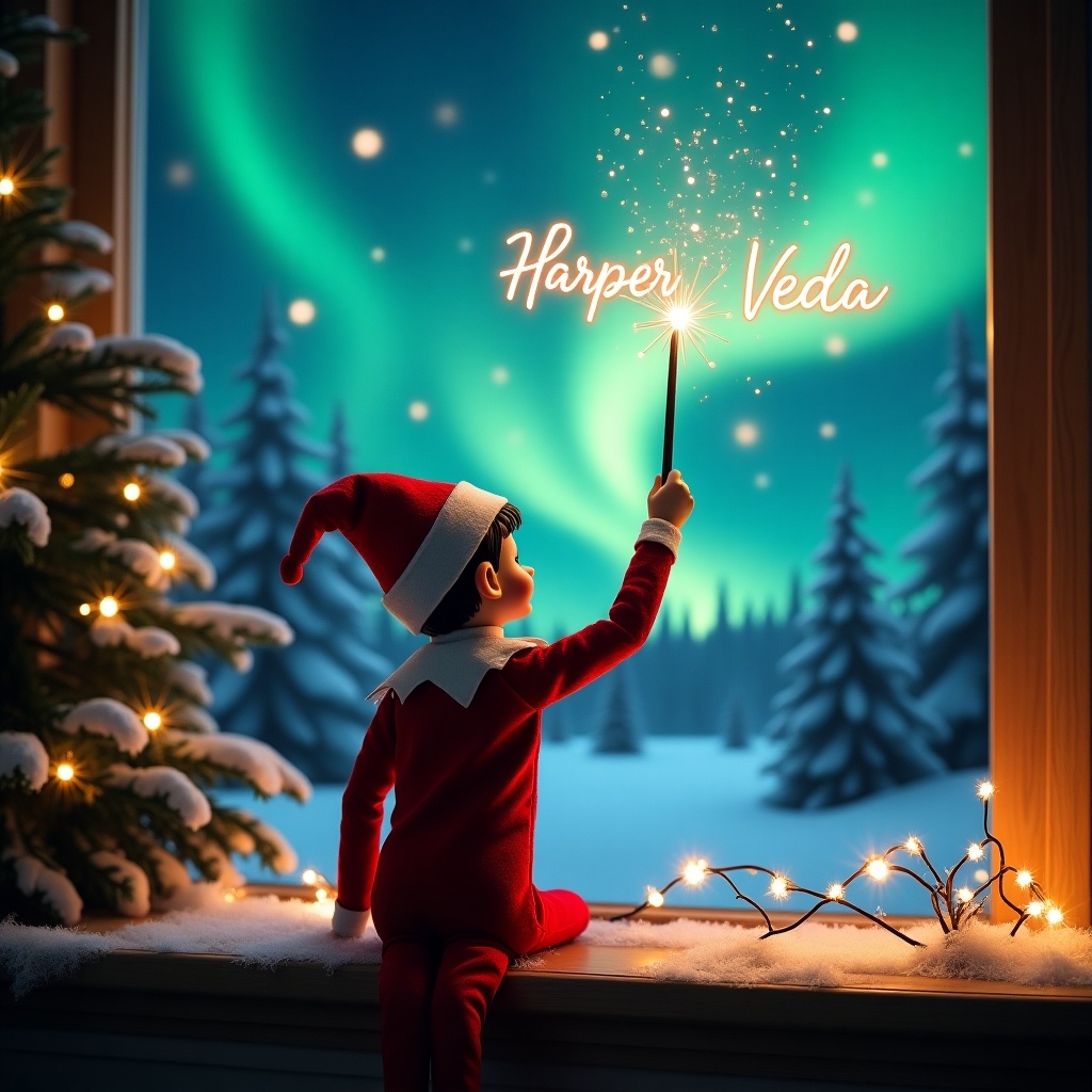 An enchanting Christmas scene with an elf on the shelf, dressed in red and white. The elf faces the sky, wielding a magic wand. Above him, he writes 'Cora', 'Harper', and 'Veda' in a glowing script. The backdrop features vibrant northern lights, adding a magical ambiance. The window is decorated with fairy lights and snow, enhancing the festive spirit. This whimsical twist captures the joy of the holiday season, evoking wonder and excitement. The overall feeling is warm and cheerful with a sense of holiday magic.