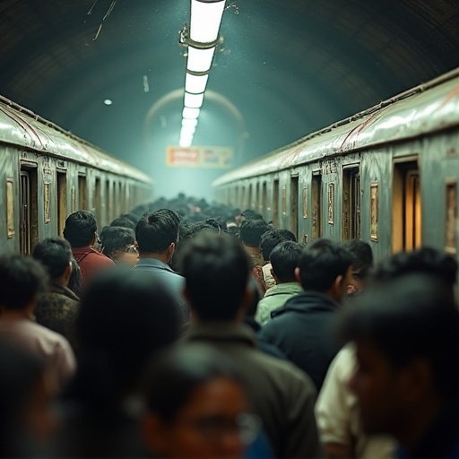 Image of a crowded Indian train station. People gather on both sides of the aisle. Overhead lights illuminate an area filled with commuters.