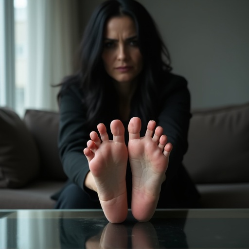 Image features mature goth woman with long black hair. She shows her injured bare feet. She is sitting on a couch with her feet on a glass table. She looks worried.