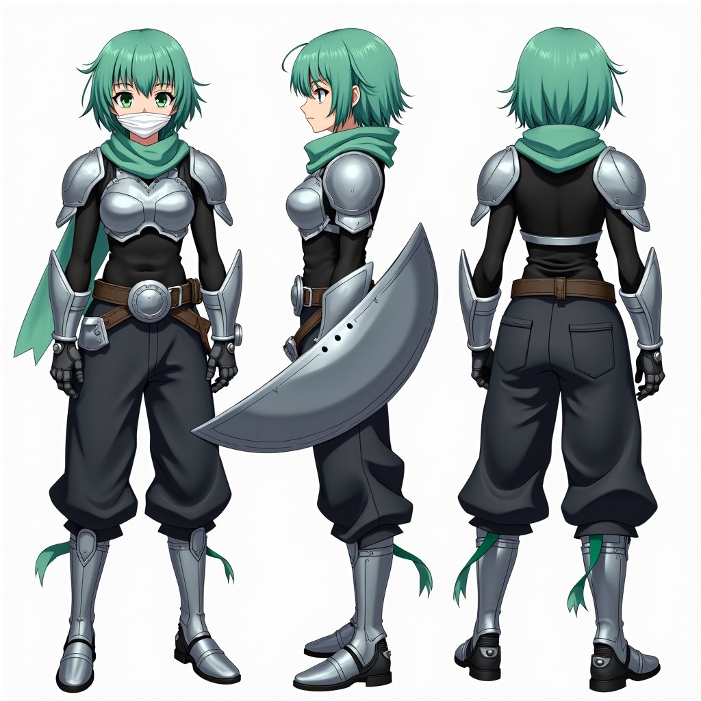 Anime mercenary tomboy. More masculine traits than feminine. Sea green hair with curtain bangs. White bandaged face mask. Green eyes. Metal silver shoulder pads and chestplate. Black shirt underneath. Short sea green scarf. Metal gauntlets and shin pads. Black baggy pants with a large belt and silver buckle. Silver shield attached to the belt. Shown in three views: front, side, back.