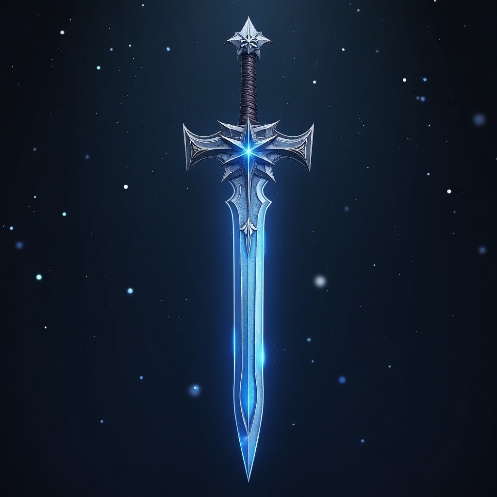 A sword with a blue star emblem on the sheath centered in a dark background with glowing light effects