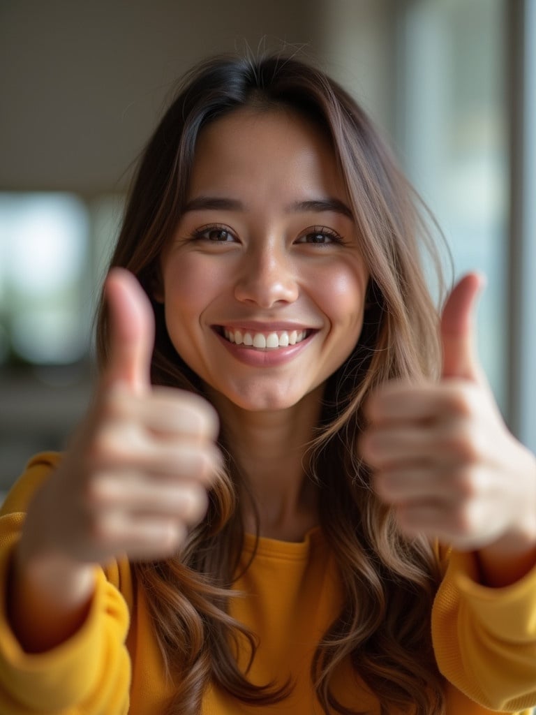 Selfie image showing positivity. Person giving a thumbs up gesture with a smile. Emphasis on approval and happiness.