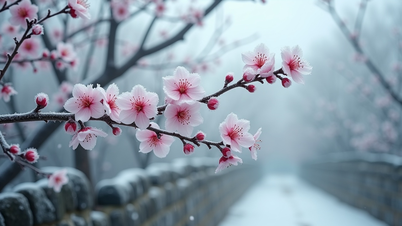 The image portrays plum blossoms blooming gracefully at the onset of winter, with soft pink petals contrasting against a frosty backdrop. The delicate branches are adorned with both blooming flowers and pale pink buds. Tiny frost beads glisten on the petals, illustrating the cold of the early winter. A blurred stone wall or sparse dead branches create a serene atmosphere in the background. The cool tones dominate the image, symbolizing vitality in the chilly season, while the overall composition exudes tranquility and beauty. The rich details emphasize the blossoms' resilience against the backdrop of winter.