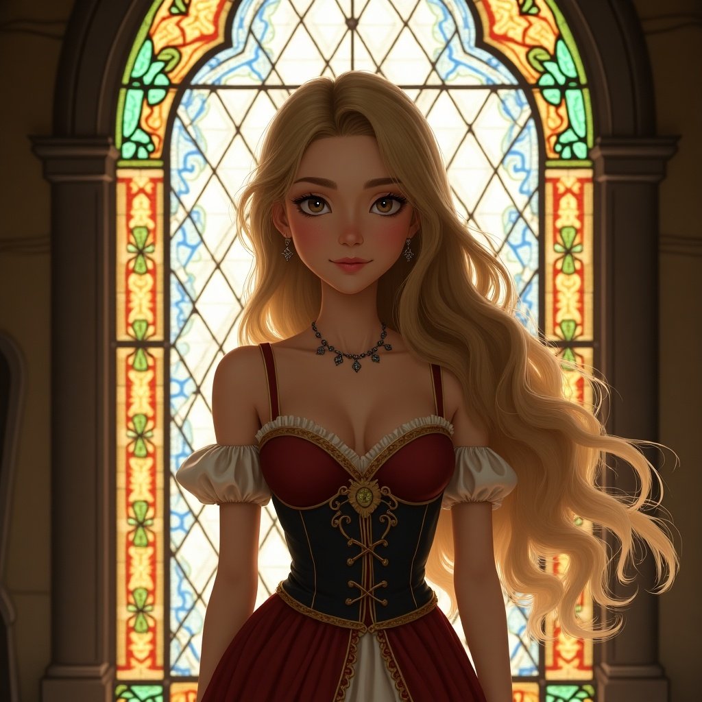 A young woman stands in front of a stained glass window. She wears a detailed, elegant dress with a historical or fantasy theme. Long, flowing hair complements her cute personality.