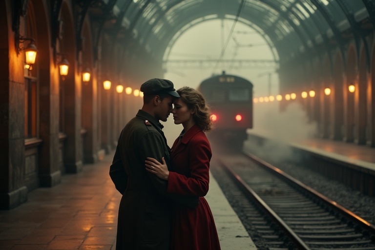 Fog covers a European train station in the 1940s. Intricate wrought iron arches frame the scene. A train departs in the background, its red lights fading in the mist. Two lovers embrace near the tracks. She wears a faded red coat and holds a diary, while he is in a soldier's uniform. Warm lanterns glow softly, creating a nostalgic atmosphere. Dust motes float in the air, illuminated by golden light.