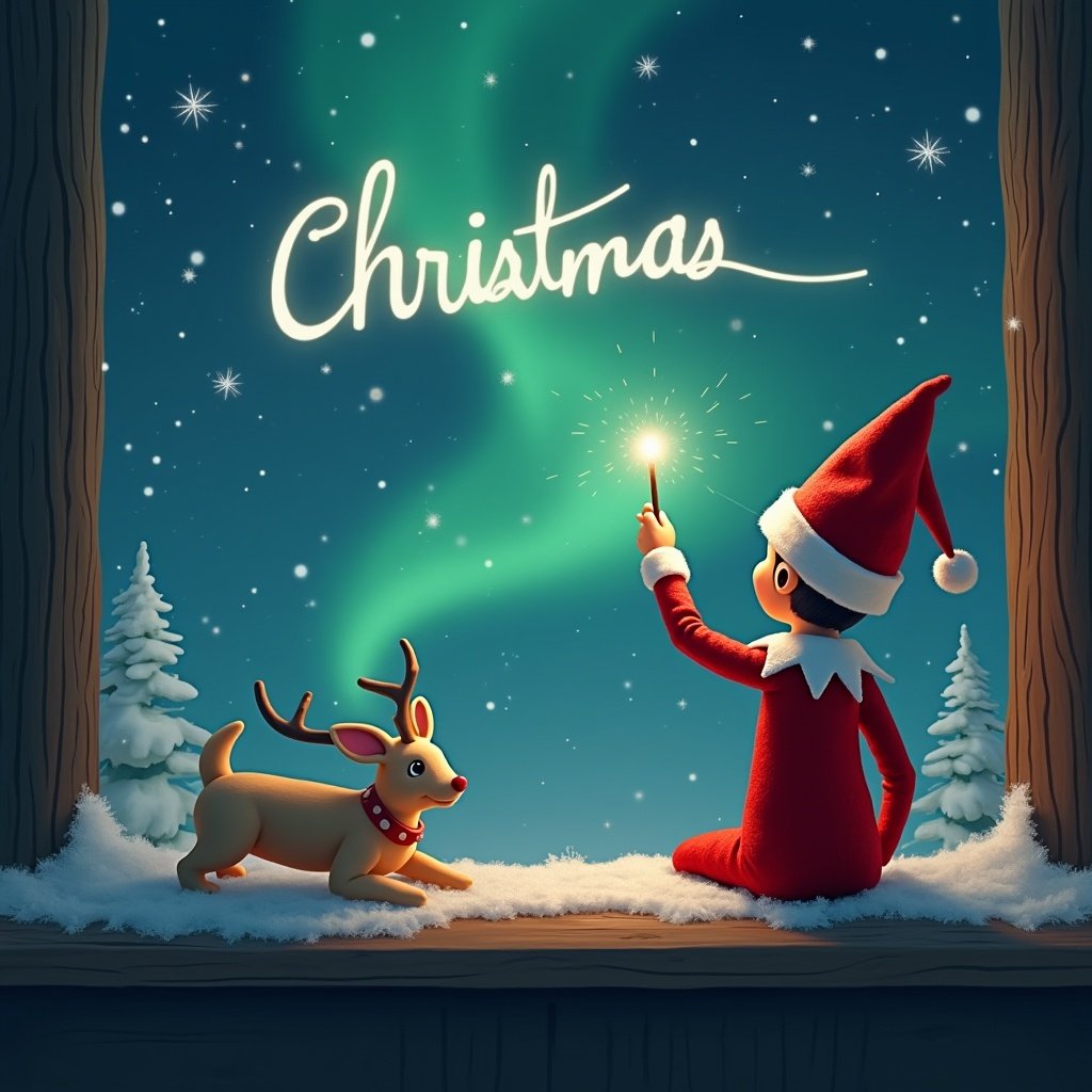 The image depicts an elf on the shelf with its back turned, gazing up at the night sky. The elf holds a wand, using it to write a child's name in sparkling light. The background features a magical Christmas scene, illuminated by the northern lights. Snowy trees can be seen flanking the window, enhancing the wintery atmosphere. Off in the distance, Santa Claus can be spotted. The overall mood is joyous and enchanting, perfect for the holiday season.