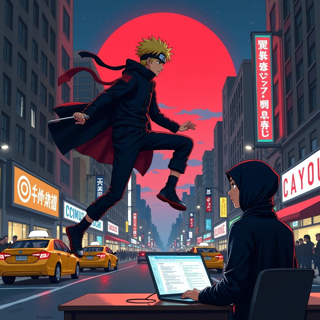 A bustling New York City street scene with Naruto leaping forward. One Punch Man poses seriously nearby. Yellow taxis and a diverse crowd look up in awe. The illustration captures modern anime culture in an urban setting, featuring a female ninja in a hijab on a rooftop at night, holding a katana. The composition uses bright colors and dramatic lighting.