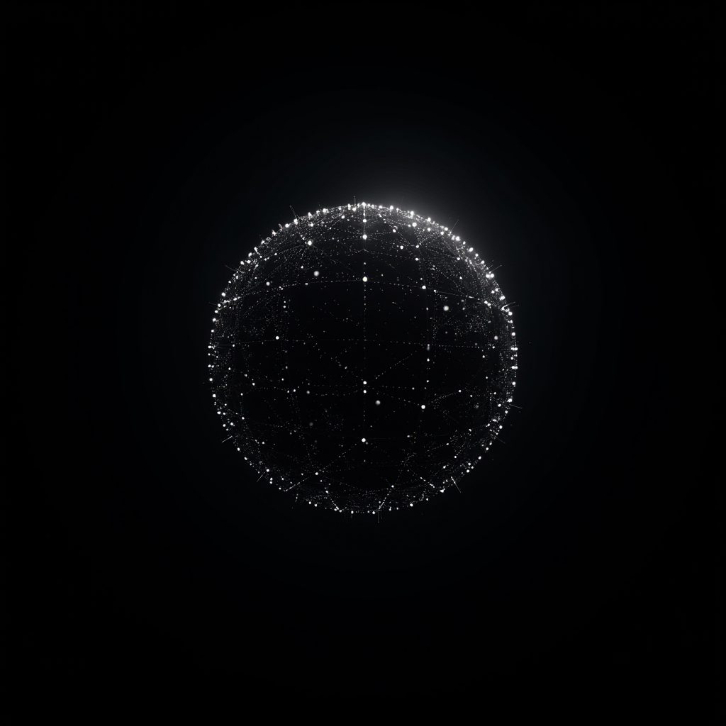 The image depicts a dark background with a central sphere composed of an intricate network of glowing white dots connected by fine lines, resembling a celestial or futuristic globe. The sphere appears to be floating in space, emitting a faint glow that emphasizes its structure. The dots vary in brightness and size, creating a sense of depth and complexity. The minimalistic and abstract design evokes themes of technology, connectivity, and the cosmos.