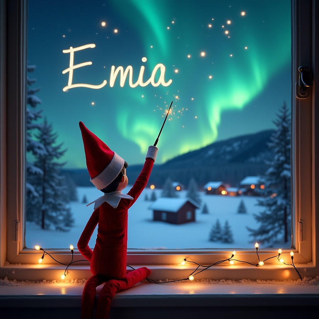 This image features an Elf on the Shelf character with its back to the viewer. The elf is facing the sky and using a wand to magically write the name 'Emilia' among the stars. The background showcases a stunning northern lights display, illuminating a wintery landscape complete with snow-covered trees and distant houses. Cozy holiday lights decorate the window sill, adding to the magical Christmas ambiance. This enchanting scene evokes feelings of joy and wonder, perfect for the festive season.