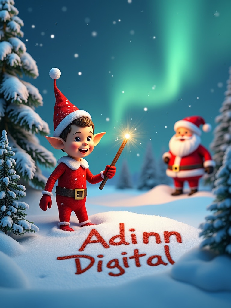 Charming winter wonderland scene. Google elf in red outfit joyfully writing 'Adinn Digital' in snow with a stick. Surrounded by snow-covered pine trees and sparkling northern lights. Santa Claus appears in the background. Radiates warmth and holiday spirit.