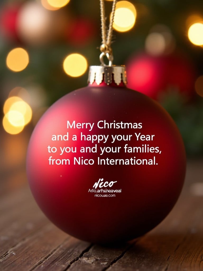 Close-up of a red Christmas bauble with the text wishing Merry Christmas and Happy New Year. Bauble features Nico International logo. Twinkling lights provide a festive background.