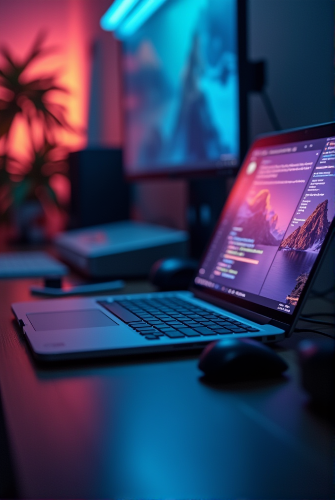 A laptop with a colorful screen sits on a desk in a dimly lit room with vibrant pink and blue lighting.