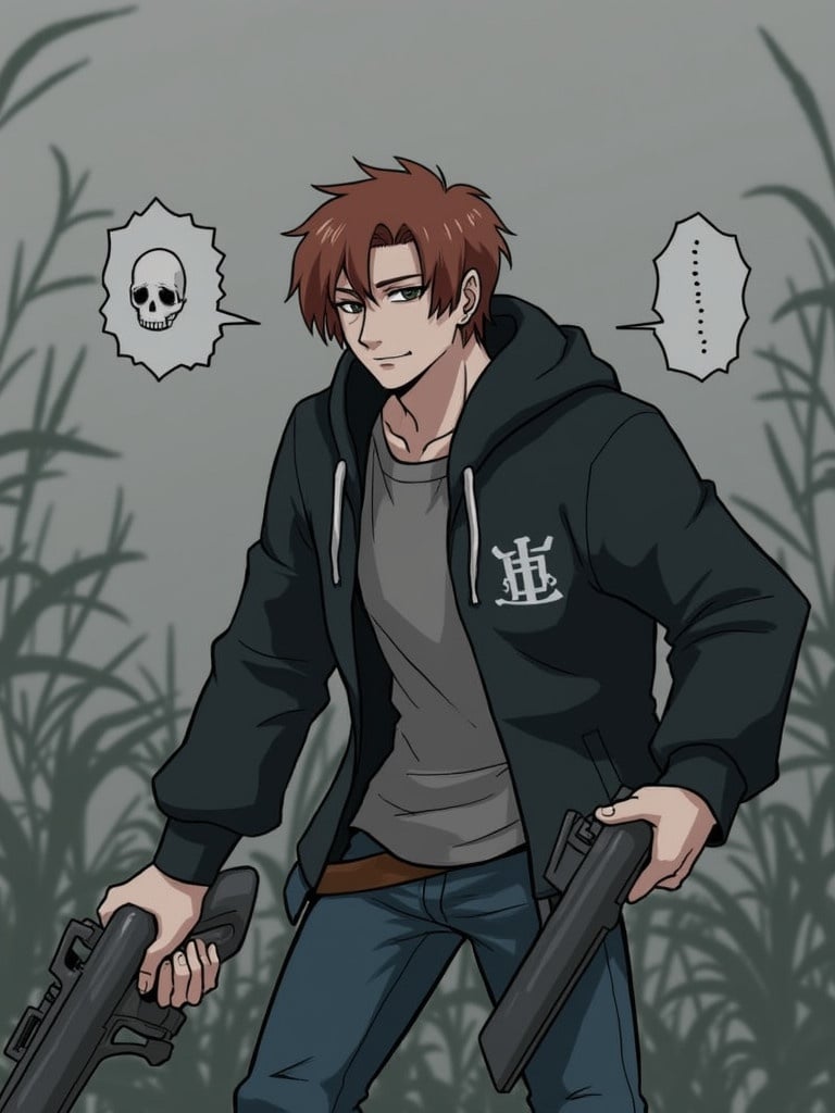 A character stands in a dark environment holding two rifles. Character has tousled reddish-brown hair and wears a casual dark hoodie over a grey shirt and blue jeans. The background is blurred green grass. Mood is intense and suspenseful.