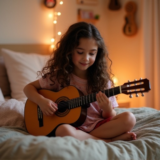 A girl with long dark brown curls is sitting on her bed. She is playing a guitar. The atmosphere is cozy and playful. The room has warm lighting and is inviting.